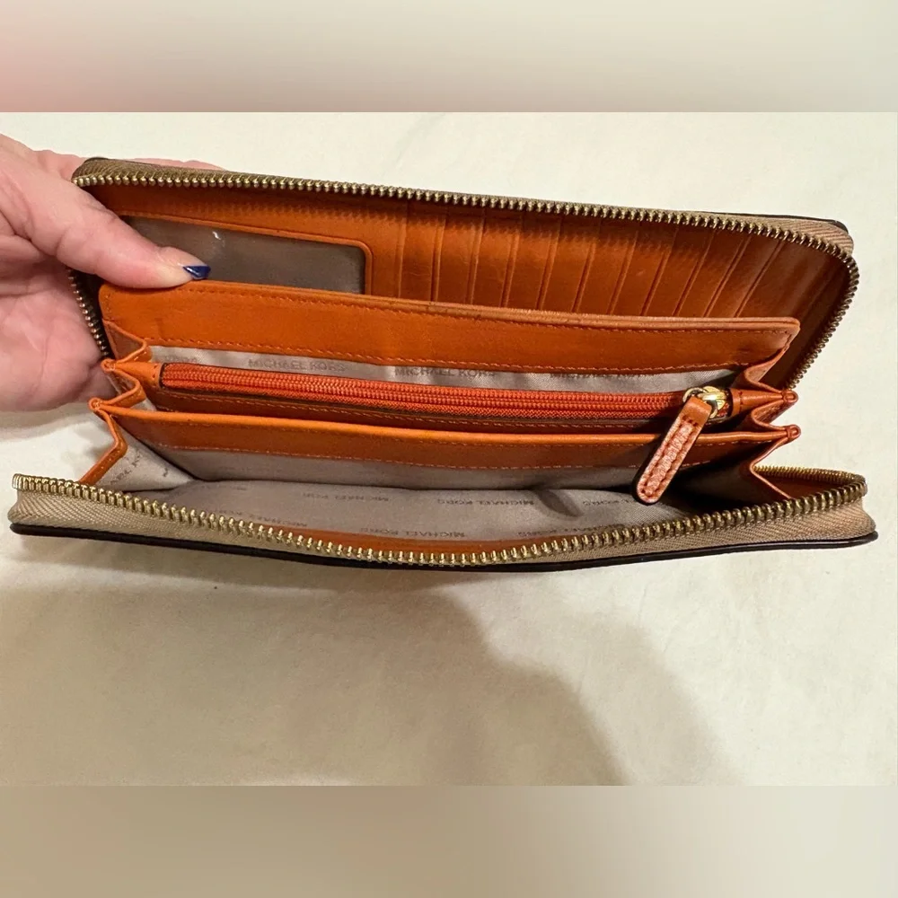 Michael Kors Brown and Tan with Leather Accent Monogram Wristlet Wallet - Picture 5 of 6